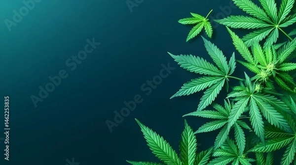 Obraz Lush green cannabis leaves and buds arranged on a dark teal background, leaving ample copy space