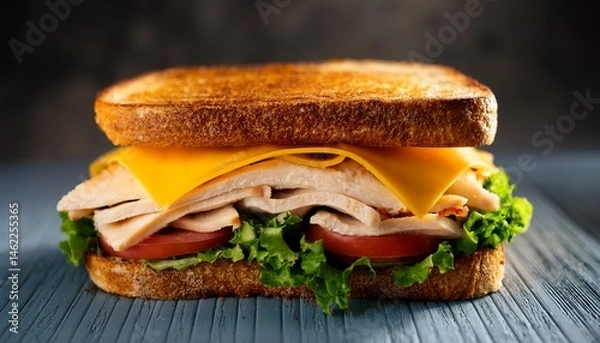Obraz delicious turkey sandwich with cheddar and fresh greens on toasted bread
