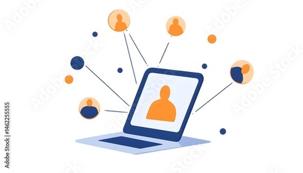 Fototapeta Online networking depicted with a laptop displaying a person's profile connected to multiple other profiles