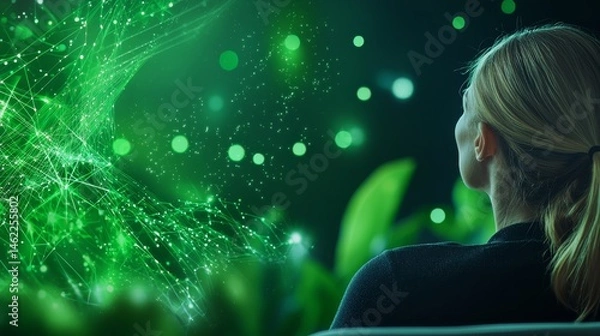 Fototapeta Woman Gazing into an Abstract Green Light Display Surrounded by Lush Greenery in a Serene Atmosphere