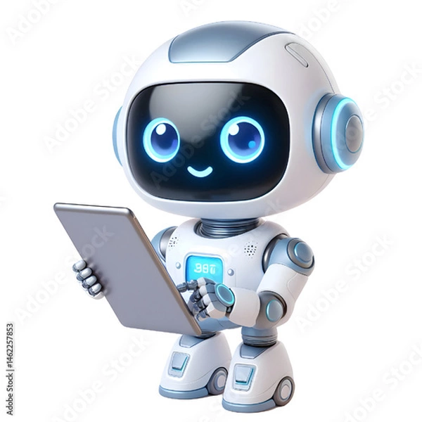Obraz 3D CUTE Ai robot using tablet isolate on White background