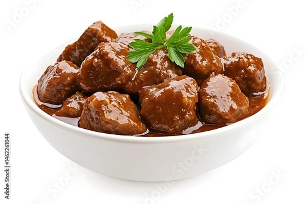 Fototapeta Tender beef cubes in rich, savory brown sauce, garnished with parsley, served in a white bowl
