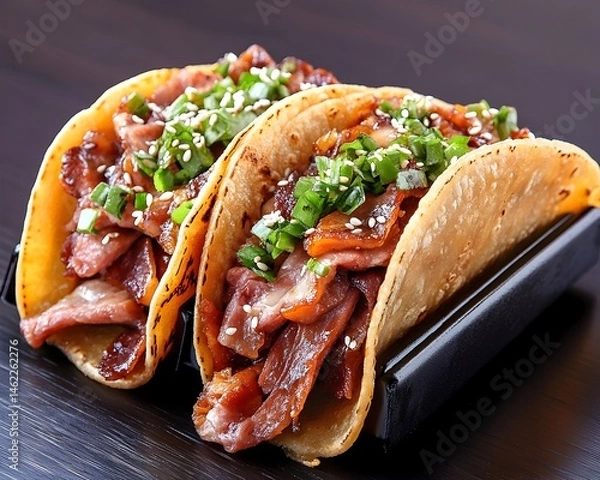 Fototapeta Two savory tacos filled with sliced, glazed meat, topped with sesame seeds and green onions, presented on a dark surface