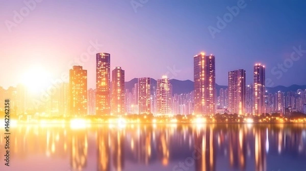 Fototapeta Vibrant cityscape at twilight, reflected in calm water
