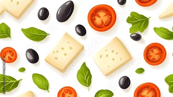Fototapeta Vibrant pattern of cheese, olives, tomatoes, and basil