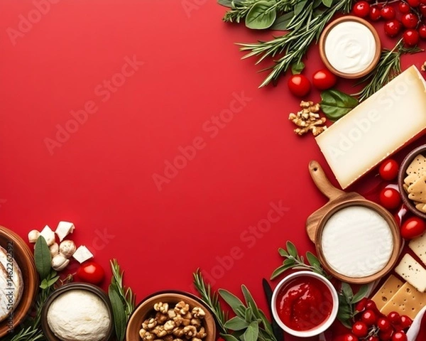 Fototapeta Vibrant red background framed by assorted cheeses, herbs, cherry tomatoes, nuts, and creamy sauces