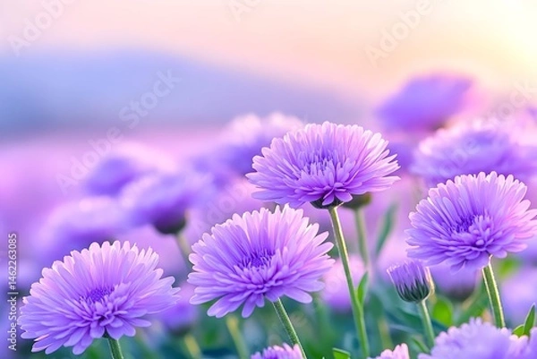 Fototapeta Vibrant purple flowers bask in soft sunlight, creating a serene, idyllic scene