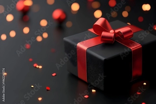 Fototapeta A black gift box with a red ribbon sits on a dark surface, surrounded by red and gold bokeh lights and confetti