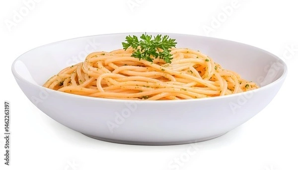 Fototapeta A bowl of spaghetti, simply seasoned and garnished with parsley