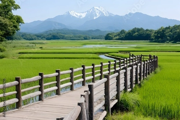 Fototapeta Wooden footbridge across vibrant green paddy fields leading towards a majestic snow-capped mountain range under a clear blue sky