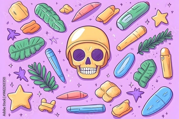 Fototapeta A cartoon skull surrounded by colorful stationery and tropical leaves on a purple background