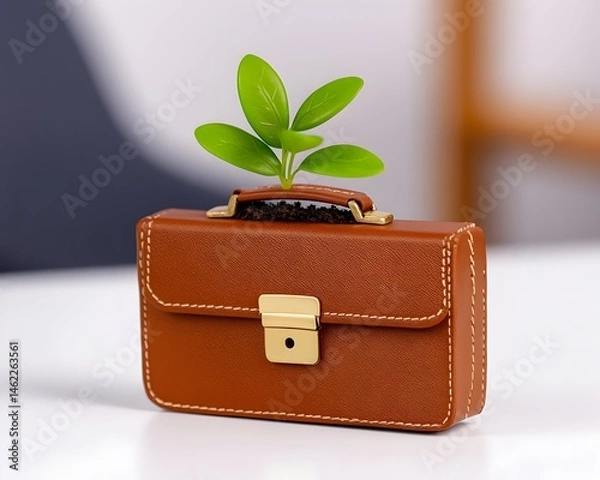 Fototapeta A brown briefcase with a small sprout growing from it, symbolizing sustainable business growth