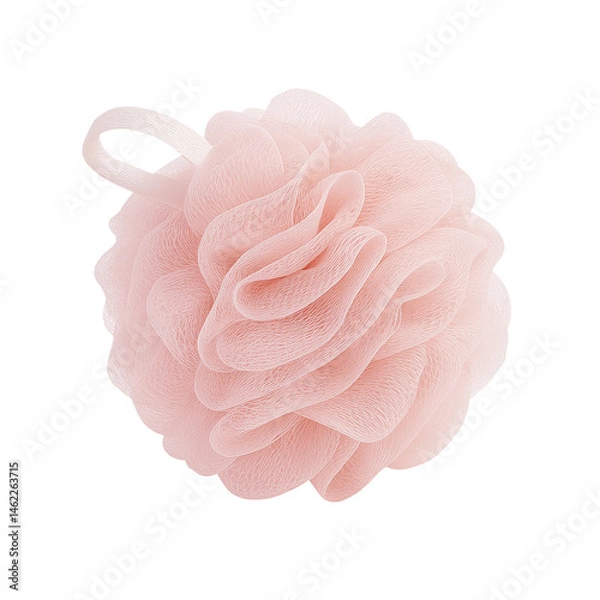 Fototapeta Soft pink shower puff, made of mesh material, perfect for bathing and exfoliating. Its delicate design adds touch of elegance to your bathing