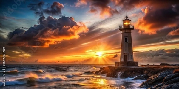 Obraz Majestic Sunset Seascape with Guiding Lighthouse
