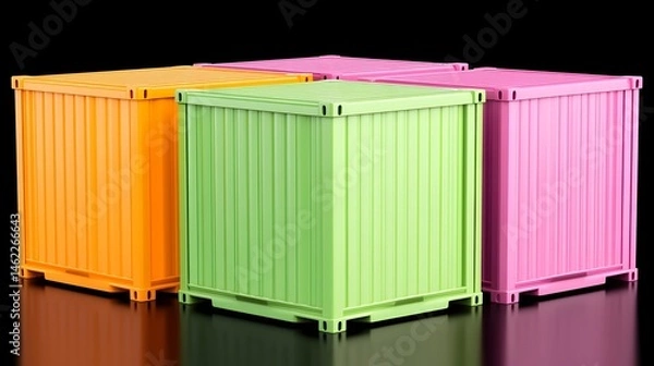 Fototapeta Four colorful shipping containers, orange, green, pink,  positioned on a reflective surface against a black background