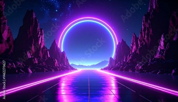 Fototapeta A vibrant, futuristic landscape featuring glowing neon elements and a circular light phenomenon amidst dramatic mountains