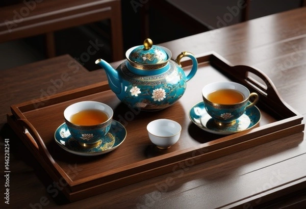 Fototapeta On it is a tray with tea and a teapot