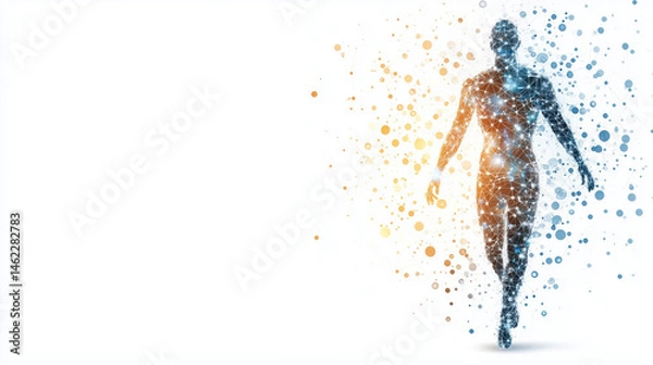 Obraz Digital representation of human figure composed of interconnected dots and lines, symbolizing technology and connectivity. figure is emerging from