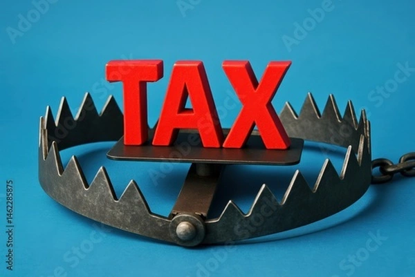Fototapeta Tax Trap Red Letters Spelling Tax Inside a Bear Trap Against a Blue Background Symbolizing Financial Risk and Difficulty Avoiding Taxes.