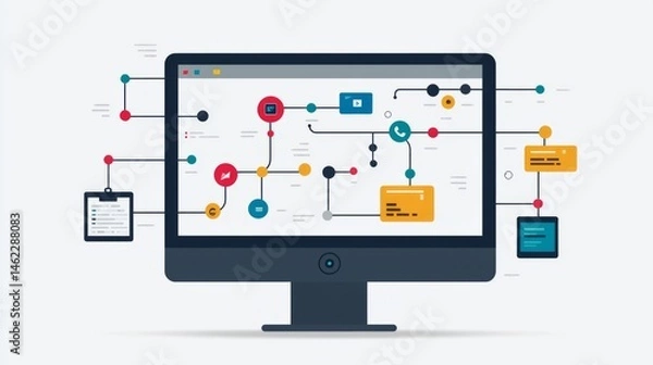 Fototapeta A detailed workflow diagram displayed on a computer monitor, showcasing business processes and their optimization steps
