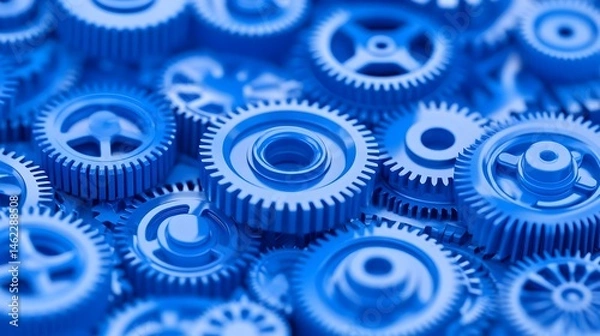 Fototapeta Close-up of numerous interlocking blue gears