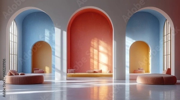 Obraz Modern Minimalist Interior with Colorful Arches and Soft Seating