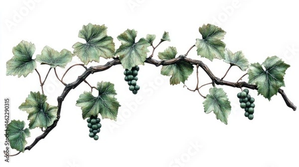 Fototapeta Green Grapevine Branch with Leaves and Unripe Grapes on White Background