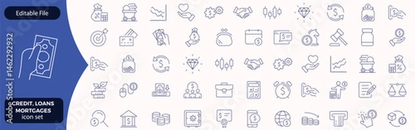 Obraz Credit, Loans and Mortgages web icons in outline style. Credit card, deposit, car leasing, rate interest, calculator, income, rating, collection. Editable stroke outline icon.