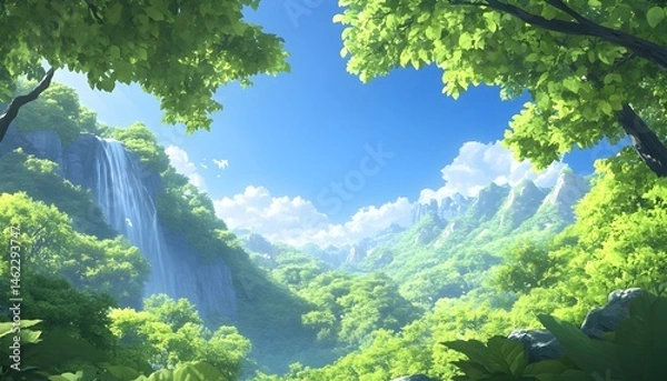 Fototapeta Lush green valley with cascading waterfall under a vibrant blue sky, viewed through leafy trees