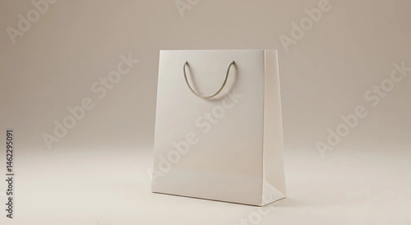 Fototapeta A blank white paper shopping bag with twisted handles stands against a light beige background, ready for your retail branding or design.
