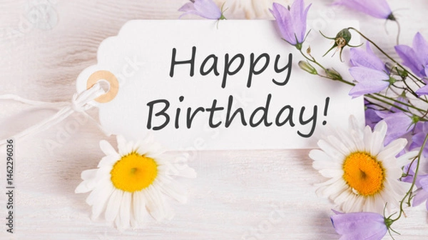 Fototapeta Happy birthday greeting on white tag with daisies and violet bellflowers, flat lay floral background, rustic white wood table, top view composition for celebration, card design, summer message