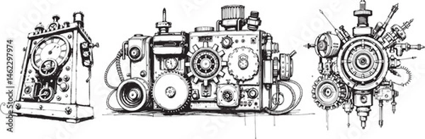 Obraz Mechanism set, retro, vintage, steampunk, cyberpunk, decorative elements. Ideal design for social media, cover, banner, flyer, music, ads.