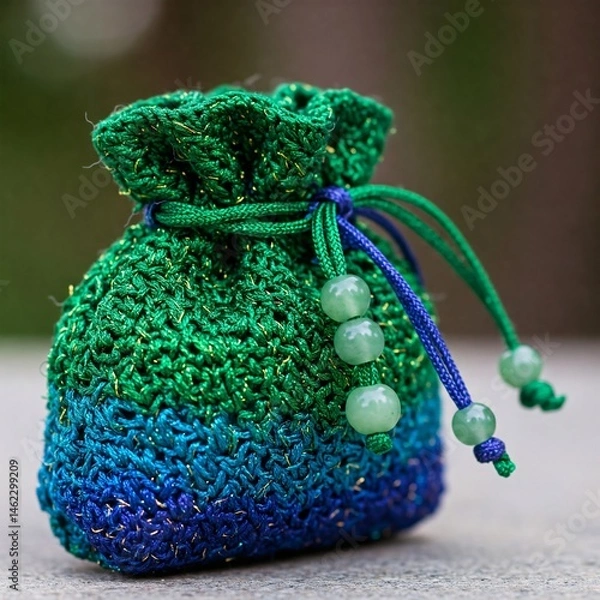 Fototapeta A small, handcrafted drawstring bag with a gradient of green to blue, adorned with jade beads.
