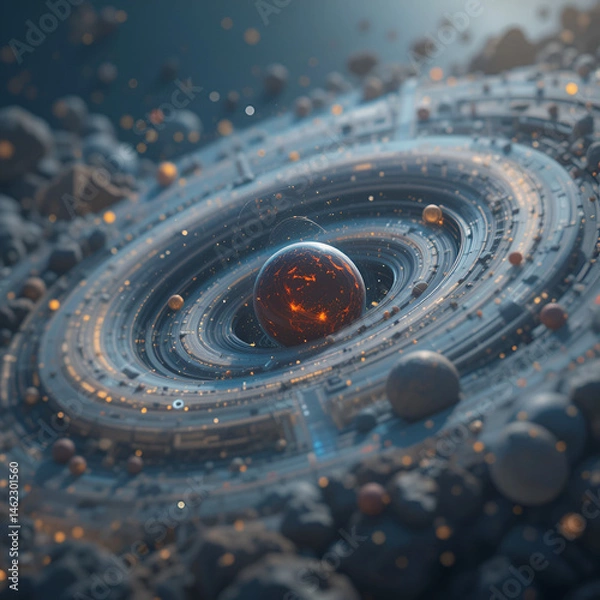 Fototapeta model of the solar system with cinematic coloring and tilt-shift perspective, created with  technology