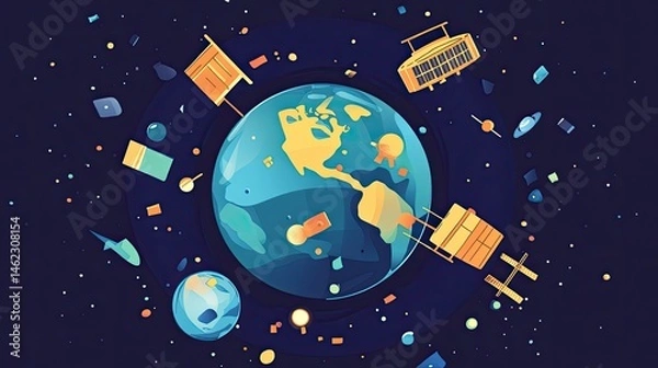 Fototapeta Planet Earth Surrounded by Space Debris and Colorful Satellites