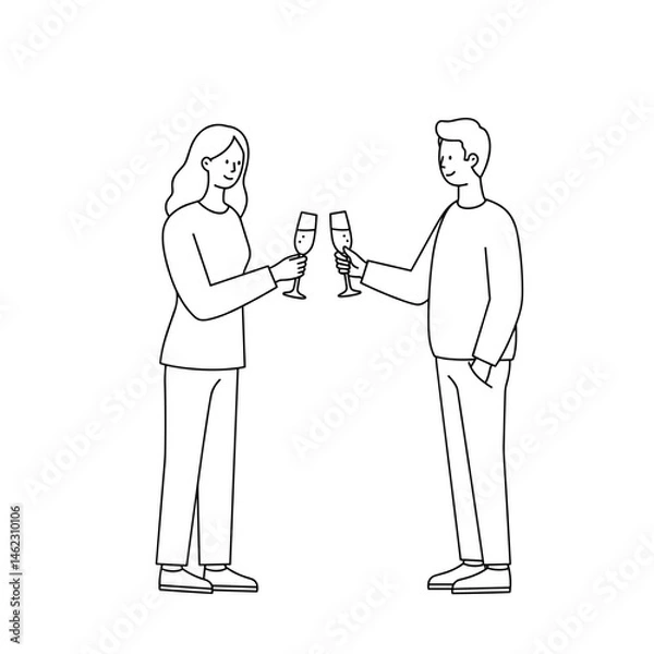 Obraz Couple toasting with champagne in a simple line art style  