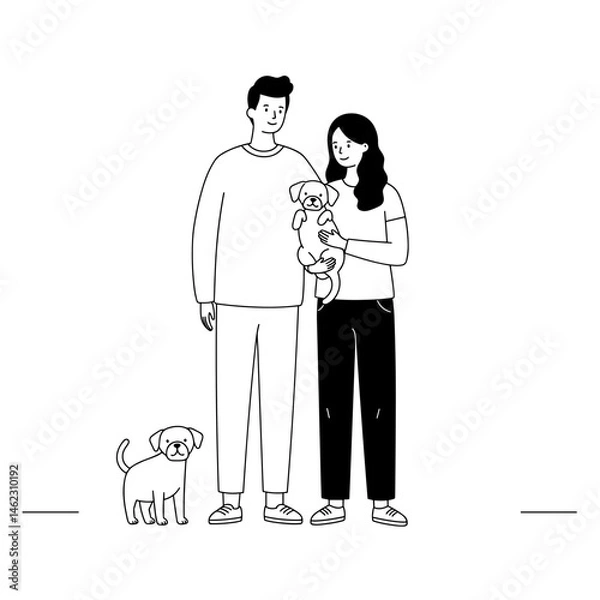 Obraz Couple Holding Pet Puppy with Dog in a Simple Line Drawing  