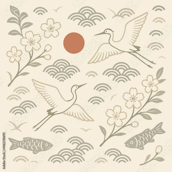Fototapeta Sarus crane, Japanese pattern, ideal for wrapping paper and kimono-style patterns
