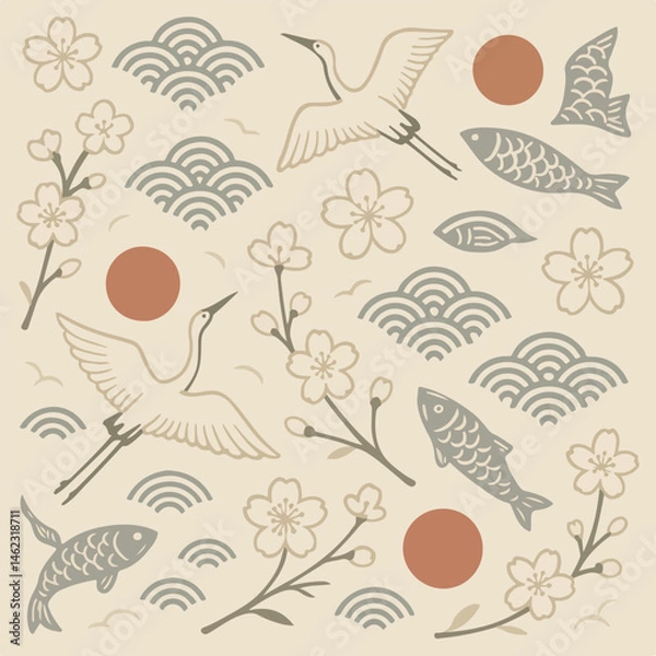 Obraz Crane bird, japanese seamless pattern, ideal for wrapping paper and kimono-style patterns