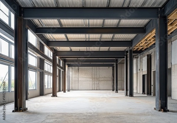 Obraz Empty interior of a modern industrial building with exposed steel framework and large windows.  Interior structural columns and beams are prominent features, with a concrete floor and walls