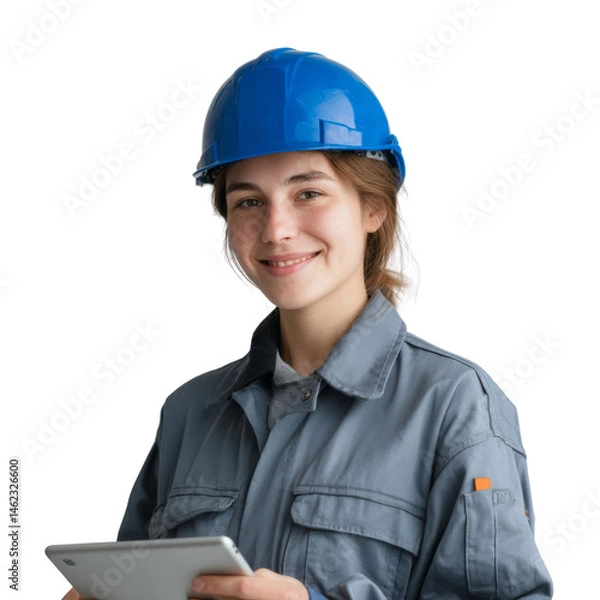 Fototapeta Construction worker using tablet site location portrait professional environment transparent background
