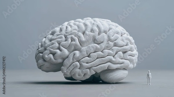 Fototapeta A large brain model next to a small human figure, set against a muted gray background.