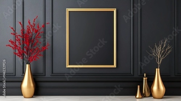 Fototapeta Gold-framed mockup hanging on black wall, with vases and branches on the side for decoration. Golden frame mock-up for artwork, a poster, or a picture. 