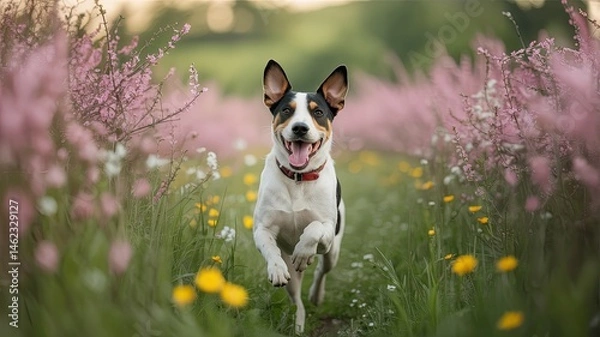 Fototapeta Happy Dog Running Towards the Camera in a Blossoming Flower Meadow on a Sunny Summer Day, Full of Joy and Energy