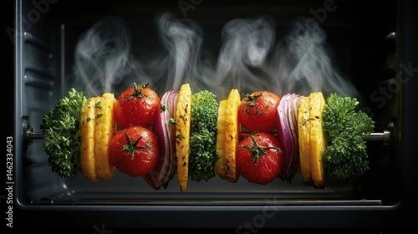Obraz A colorful skewer of fresh vegetables steaming inside an oven, ready to be served.