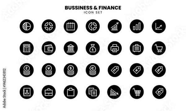 Obraz Minimalist business and finance icon set in flat black circle style. Includes symbols of economy, investment, currency, and office tools. Perfect for web design, UI/UX, presentations, and infographics