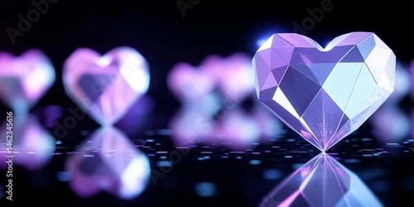Fototapeta Abstract background featuring neon geometric hearts with a reflective surface and a blurred bokeh effect