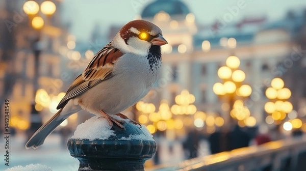 Fototapeta A sparrow perched on a snowy railing with glowing yellow eyes, set against a blurred background of illuminated street lamps