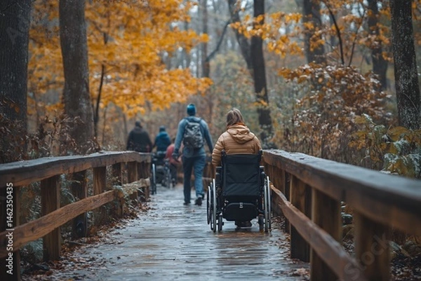 Fototapeta Equality themed nature trail where people of all mobilities walk roll hike the same scenic path