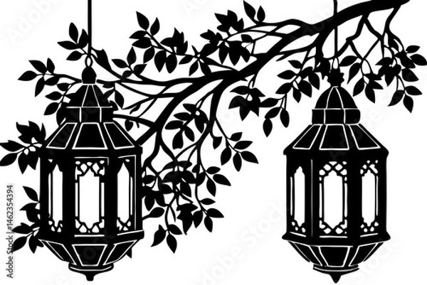 Fototapeta Silhouette of two lanterns hanging from a branch with leaves, silhouette, lantern, tree, branch, leaves, hanging, decoration, light, vector, design, illustration, nature, pattern, art, graphic